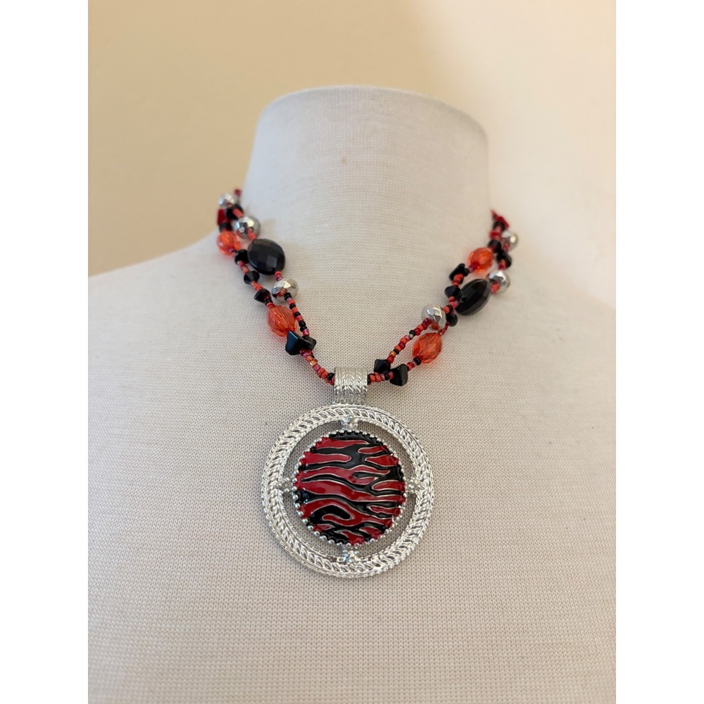 Statement Necklace Red Black Silver Animal Print Enamel Beaded Double Strand 22"